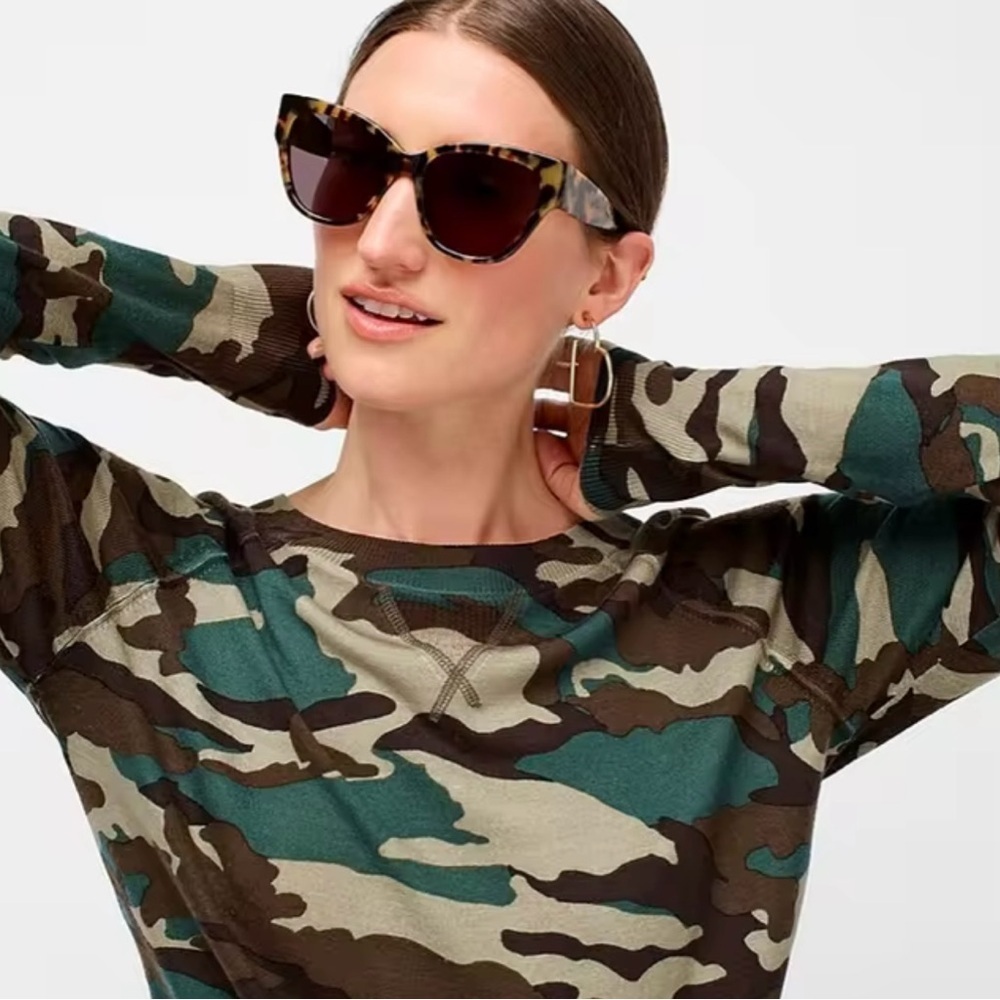 J. Crew Merino Wool Crew Neck Light Sweater in Green Brown Camo Sz. Medium - Picture 4 of 15